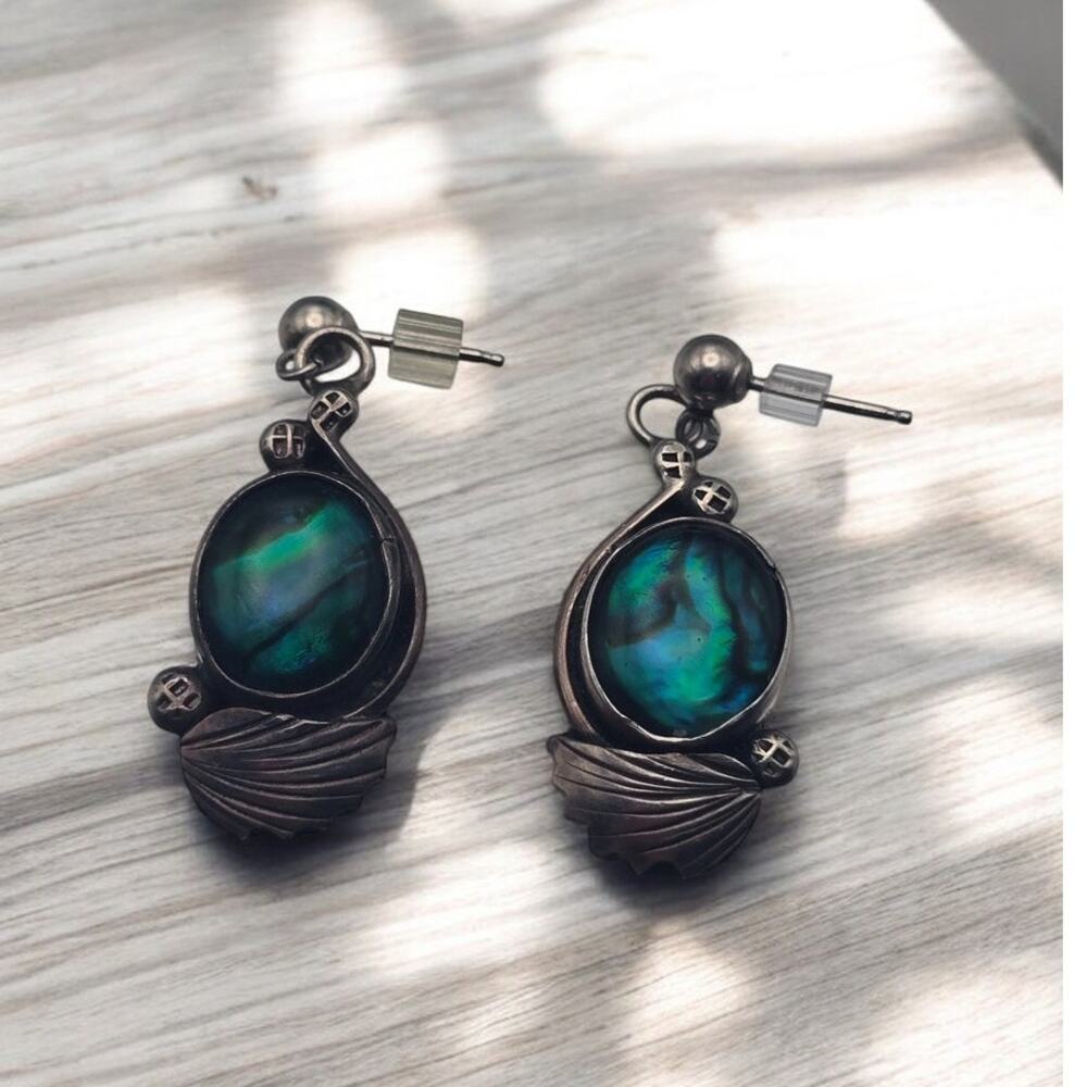 Abalone Shell Sterling Silver Drop Earrings 925 - Vintage Oceanic Coastal